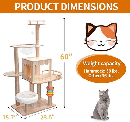 Multi-Level Wooden Cat Climbing Tree - Interactive Feline Playground
