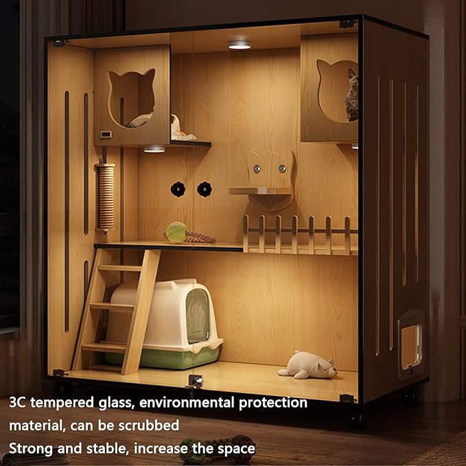 Luxury Wooden Cat House with Glass Doors - Modern Pet Enclosure