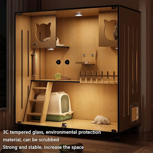 Luxury Wooden Cat House with Glass Doors - Modern Pet Enclosure