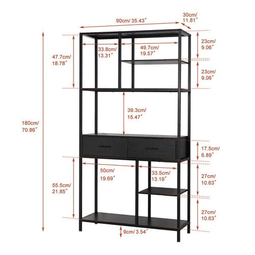 Tall Bookshelf 180cm | Industrial Display Shelf with 2 Drawers