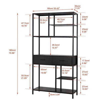 Tall Bookshelf 180cm | Industrial Display Shelf with 2 Drawers