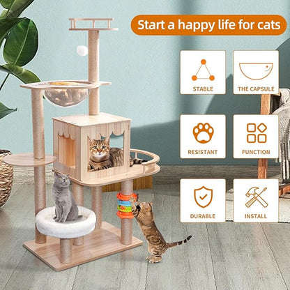 Multi-Level Wooden Cat Climbing Tree - Interactive Feline Playground
