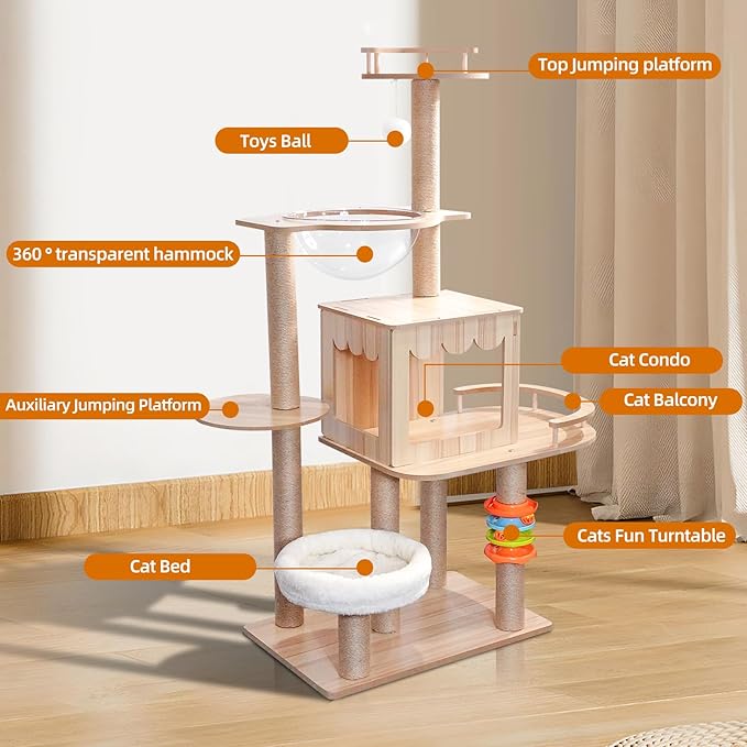 Multi-Level Wooden Cat Climbing Tree - Interactive Feline Playground