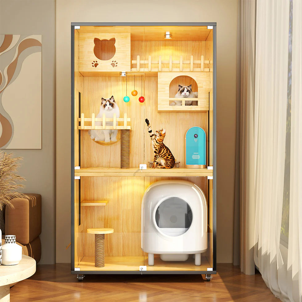 Multi-Level Cat Cabinet 185cm | Glass Door Enclosure with LED Lights