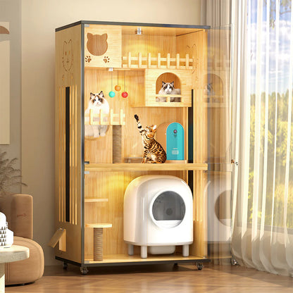 Multi-Level Cat Cabinet 185cm | Glass Door Enclosure with LED Lights