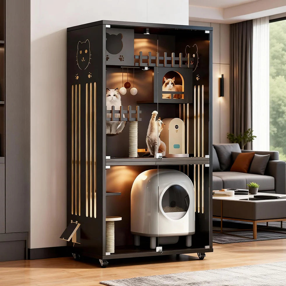 Multi-Level Cat Cabinet 185cm | Glass Door Enclosure with LED Lights