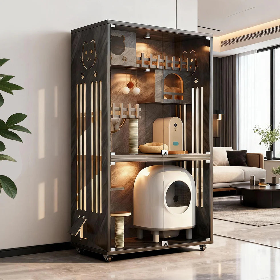 Multi-Level Cat Cabinet 185cm | Glass Door Enclosure with LED Lights