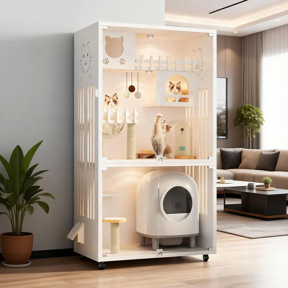 Multi-Level Cat Cabinet 185cm | Glass Door Enclosure with LED Lights
