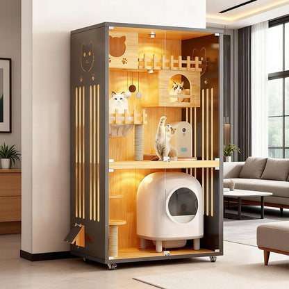 Multi-Level Cat Cabinet 185cm | Glass Door Enclosure with LED Lights