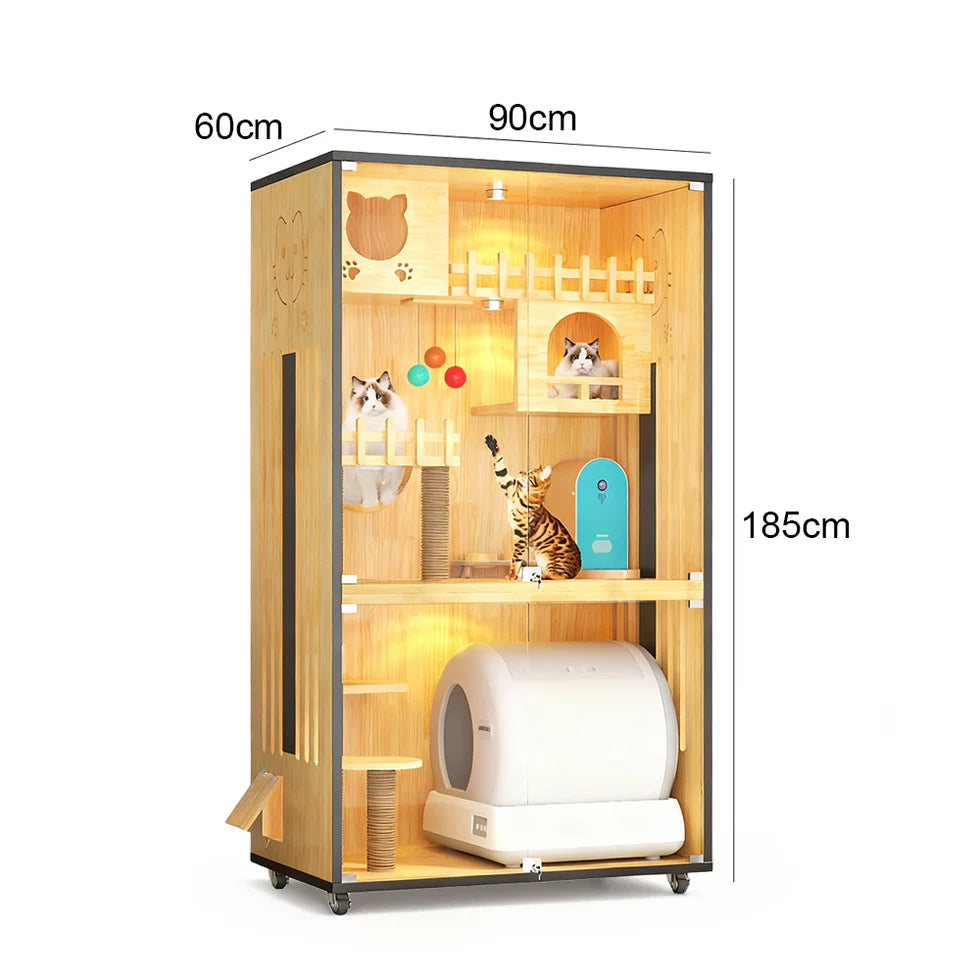 Multi-Level Cat Cabinet 185cm | Glass Door Enclosure with LED Lights