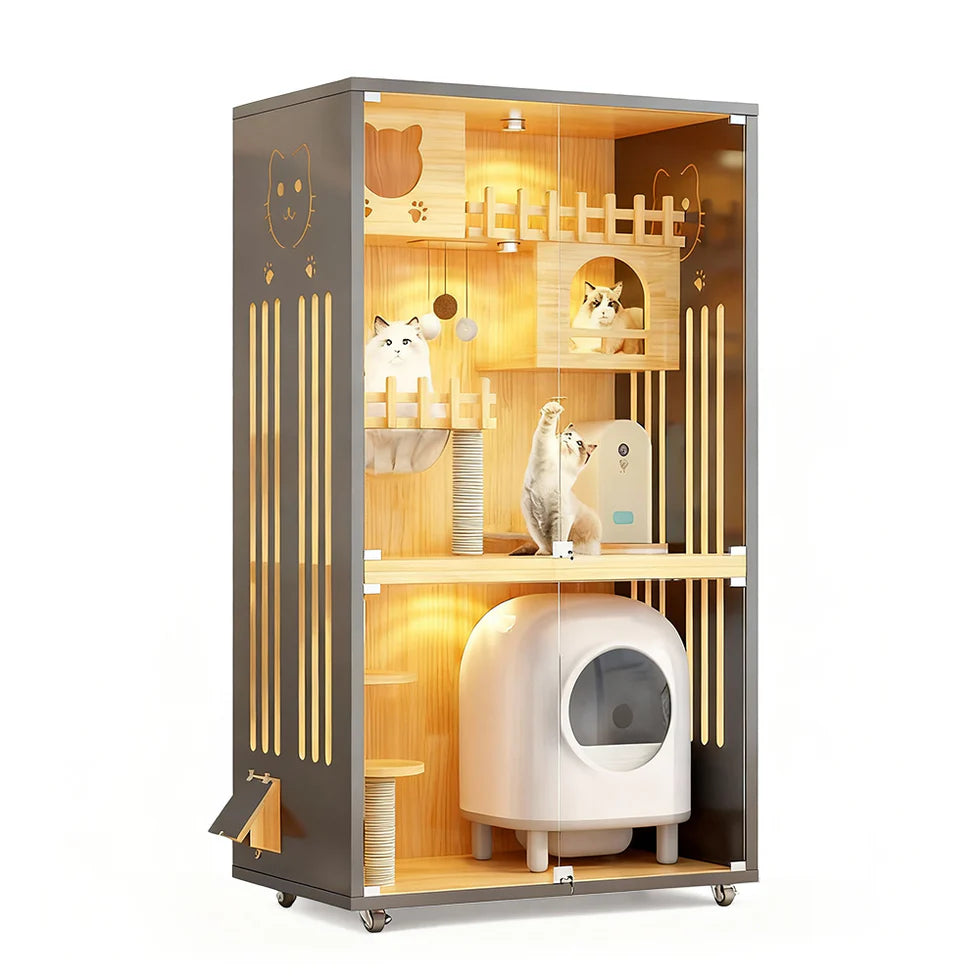 Multi-Level Cat Cabinet 185cm | Glass Door Enclosure with LED Lights
