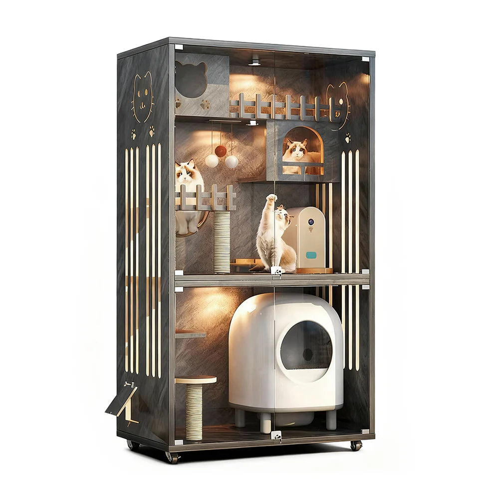 Multi-Level Cat Cabinet 185cm | Glass Door Enclosure with LED Lights