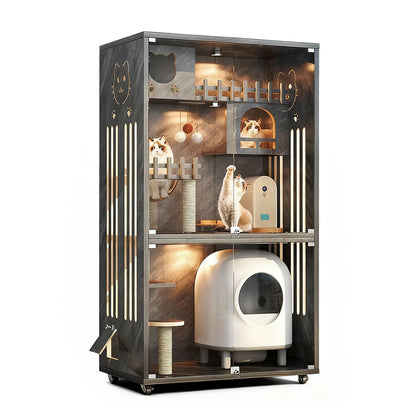 Multi-Level Cat Cabinet 185cm | Glass Door Enclosure with LED Lights