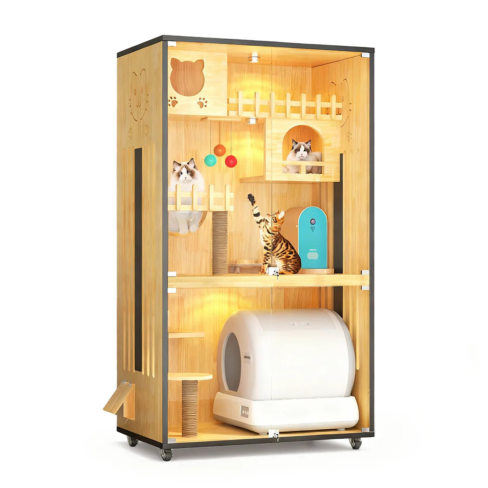 Multi-Level Cat Cabinet 185cm | Glass Door Enclosure with LED Lights