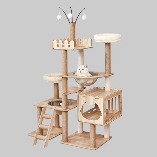 Wooden cat tree with multiple levels and a cat sitting on one of the platforms.