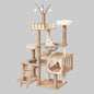Wooden cat tree with multiple levels and a cat sitting on one of the platforms.