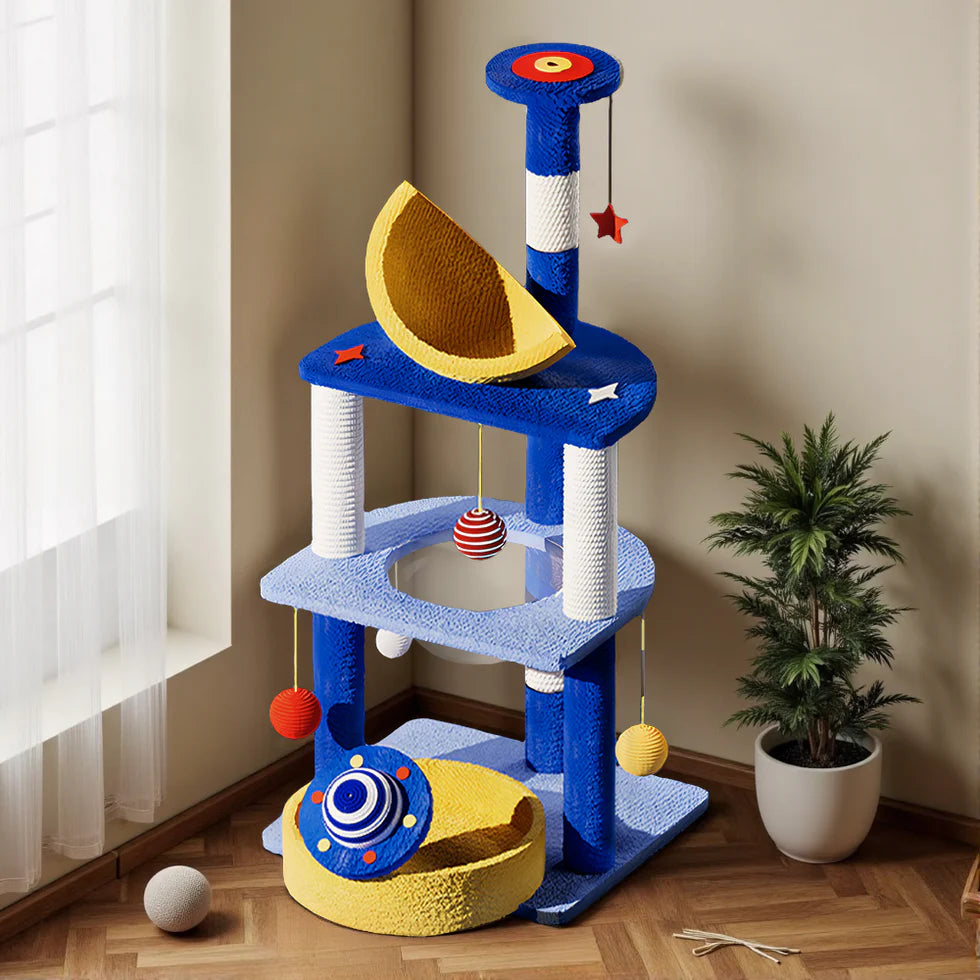 Multi-Functional Tiered Starry Sky Themed Cat Tree | Compact Multi-Level Play Tower