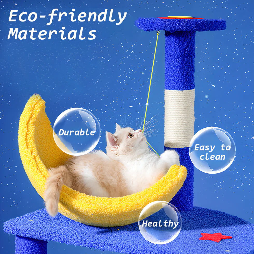 Multi-Functional Tiered Starry Sky Themed Cat Tree | Compact Multi-Level Play Tower