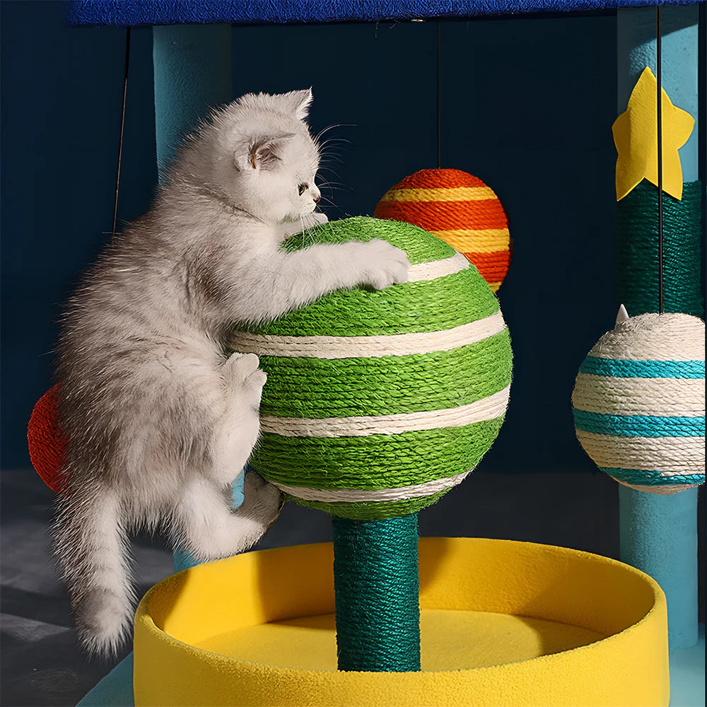 Multi-Functional Tiered Starry Sky Themed Cat Tree | Compact Multi-Level Play Tower