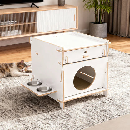 Multi-Functional Cat Side Table 45cm | Wood Cabinet with Drawer