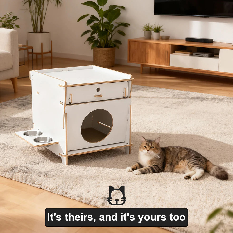 Multi-Functional Cat Side Table 45cm | Wood Cabinet with Drawer