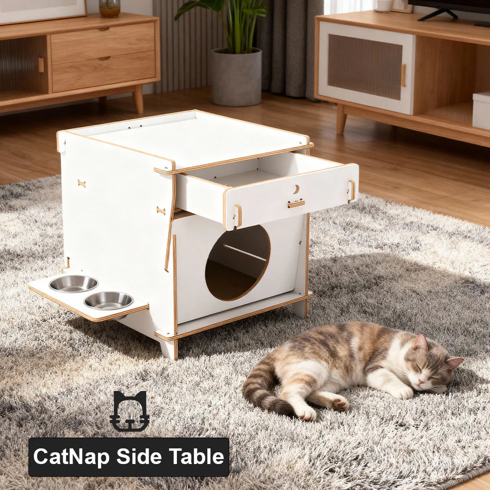 Multi-Functional Cat Side Table 45cm | Wood Cabinet with Drawer