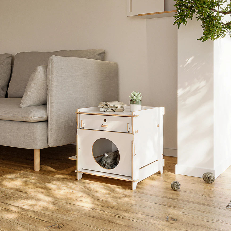 Multi-Functional Cat Side Table 45cm | Wood Cabinet with Drawer