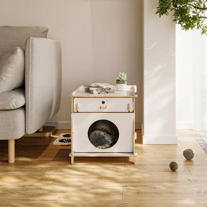 Multi-Functional Cat Side Table 45cm | Wood Cabinet with Drawer