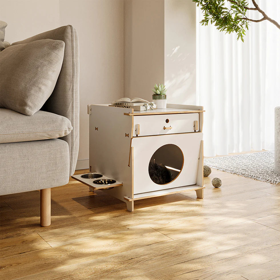 Multi-Functional Cat Side Table 45cm | Wood Cabinet with Drawer