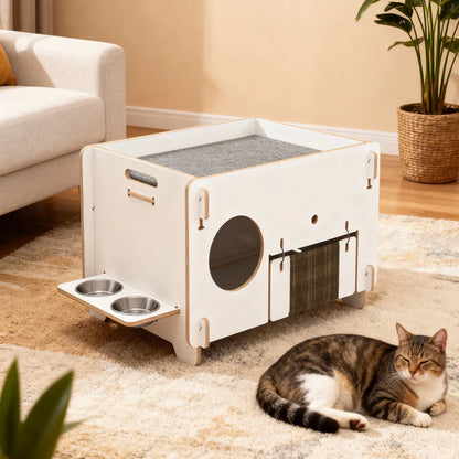 Minimalist Double-layer CatNap Side Table With Scratching Board And PVC Litter Box