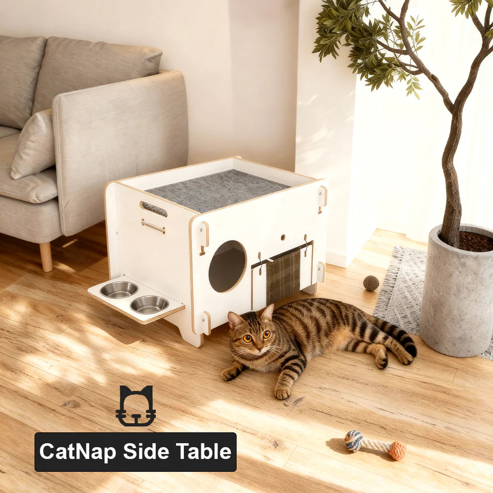 Minimalist Double-layer CatNap Side Table With Scratching Board And PVC Litter Box