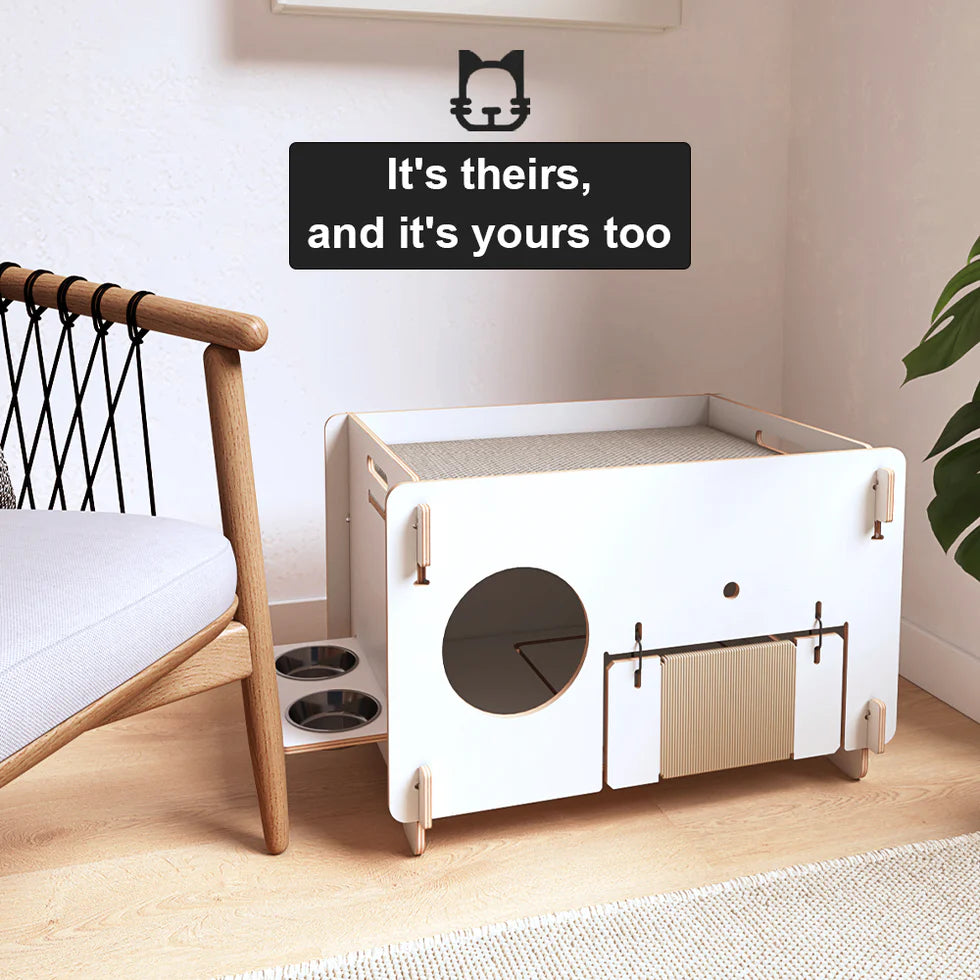 Minimalist Double-layer CatNap Side Table With Scratching Board And PVC Litter Box