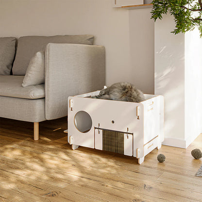Minimalist Double-layer CatNap Side Table With Scratching Board And PVC Litter Box