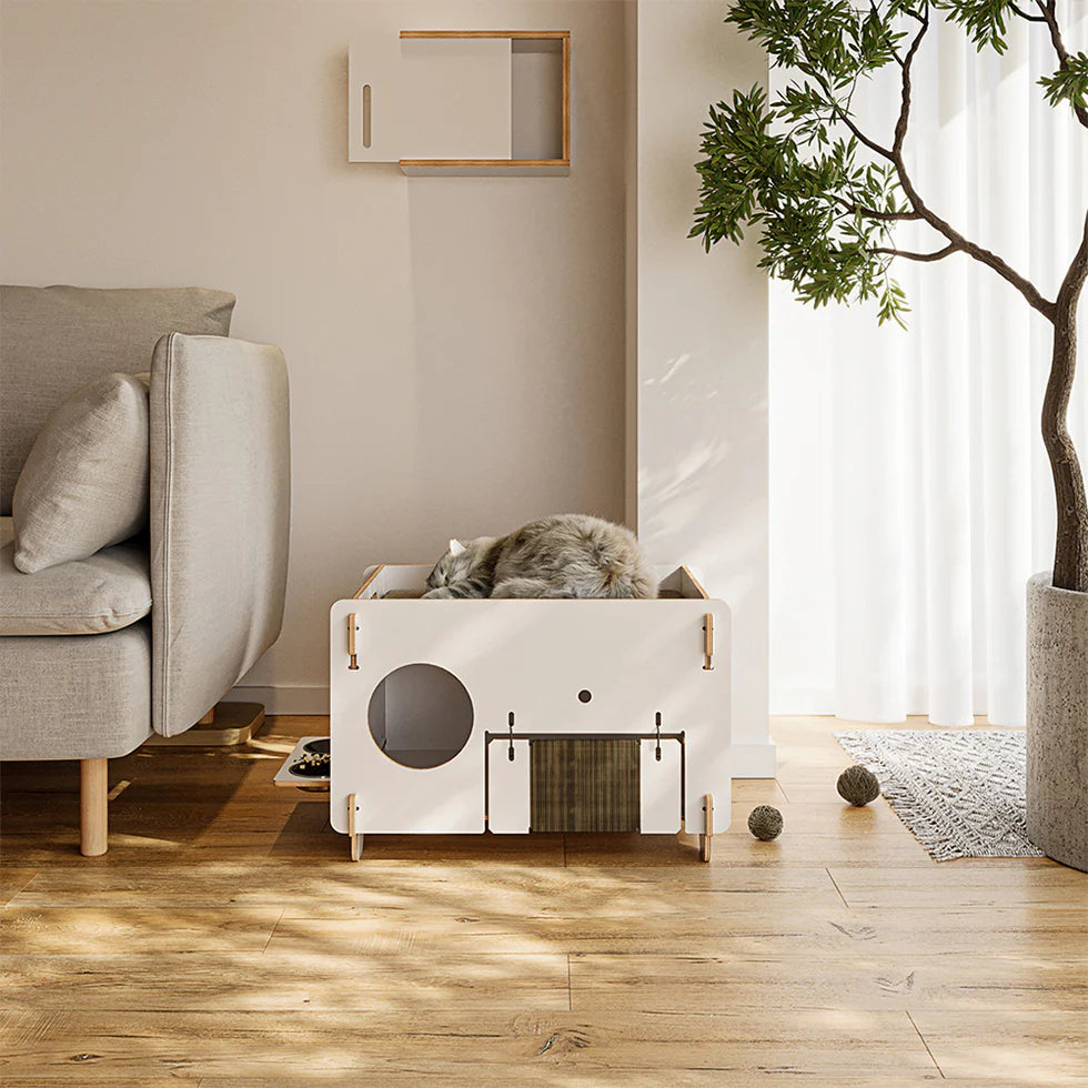 Minimalist Double-layer CatNap Side Table With Scratching Board And PVC Litter Box