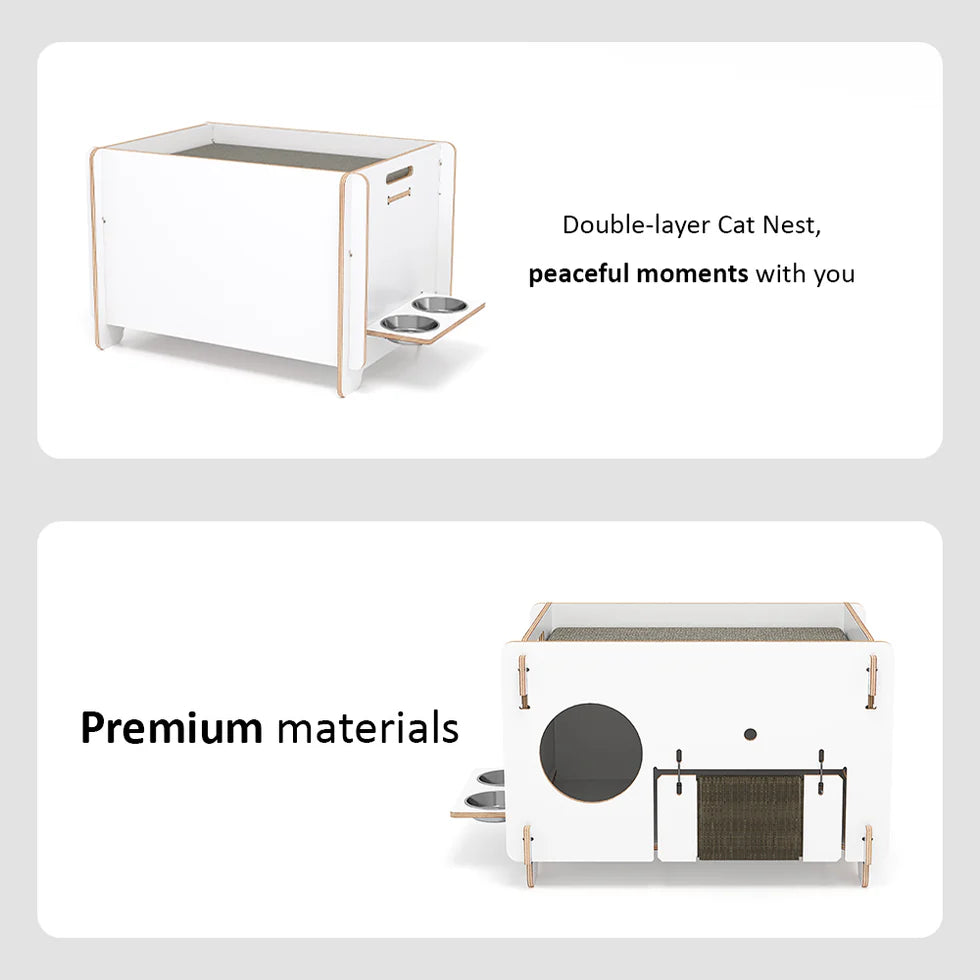Minimalist Double-layer CatNap Side Table With Scratching Board And PVC Litter Box