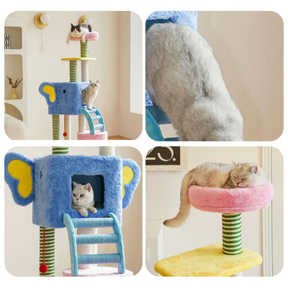 Solid Rubberwood Cat Tree 153cm | Multi-Level Climbing Tower