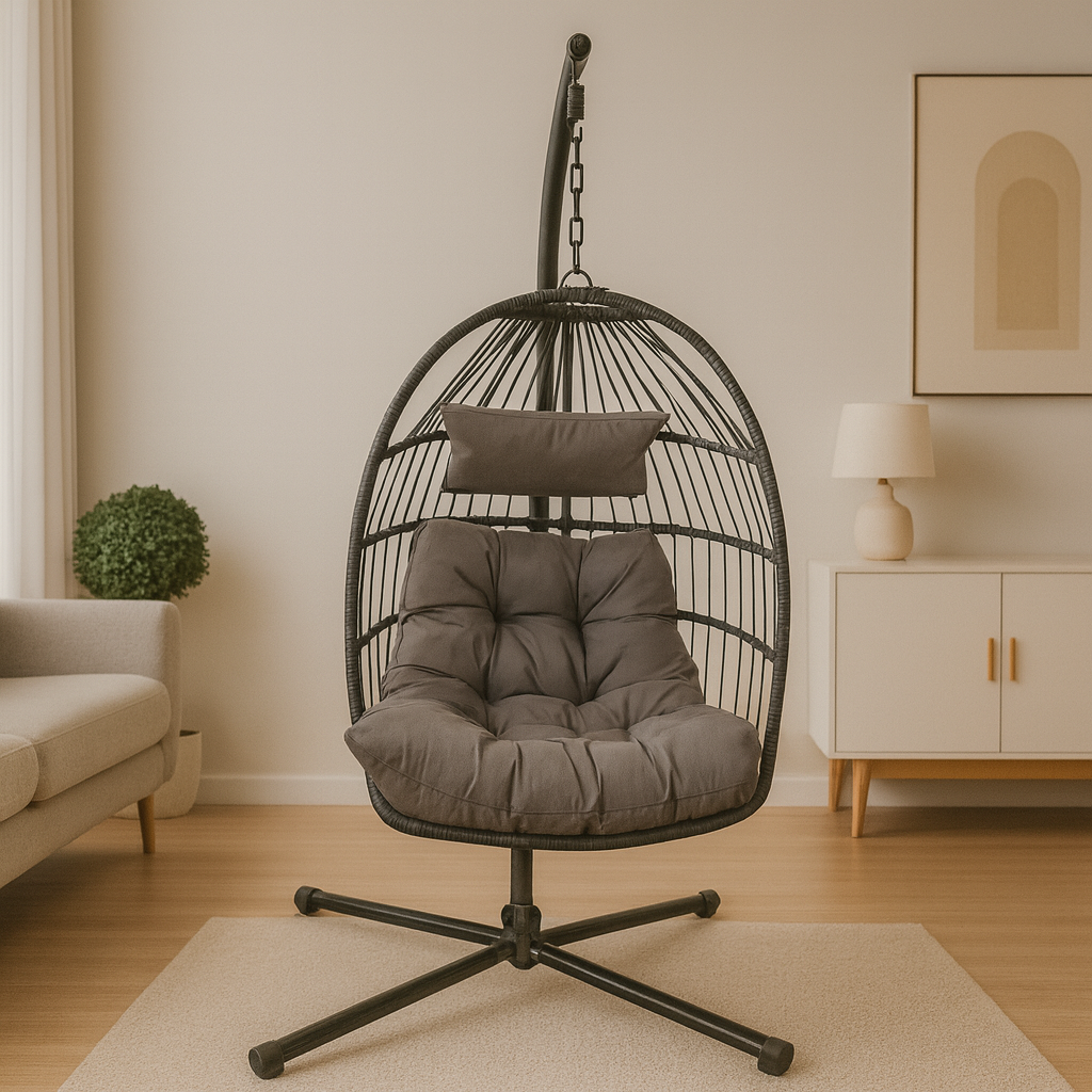 Foldable Rattan Egg Chair – Steel Frame & Hanging Stand