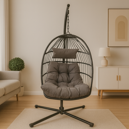 Foldable Rattan Egg Chair – Steel Frame & Hanging Stand