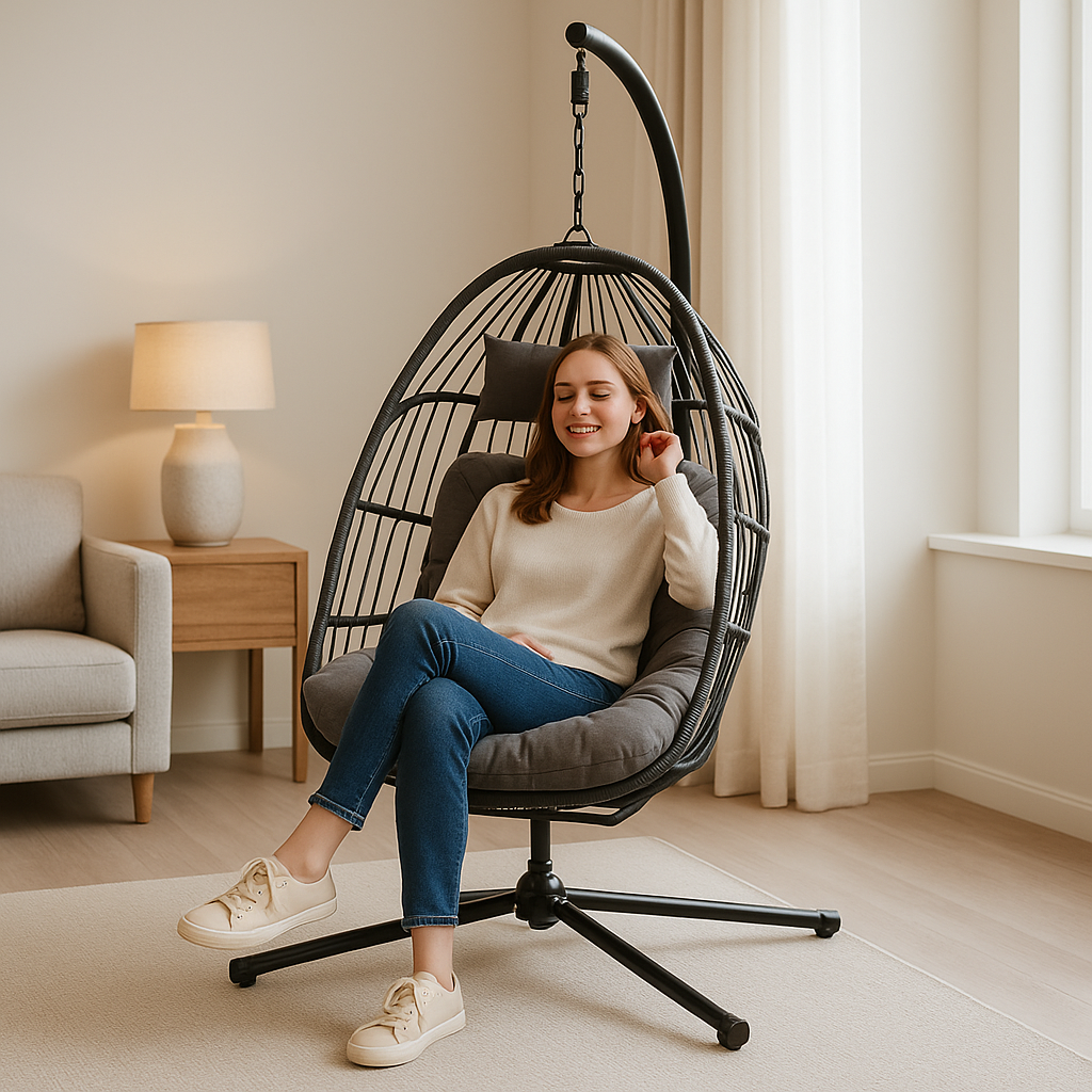 Foldable Rattan Egg Chair – Steel Frame & Hanging Stand