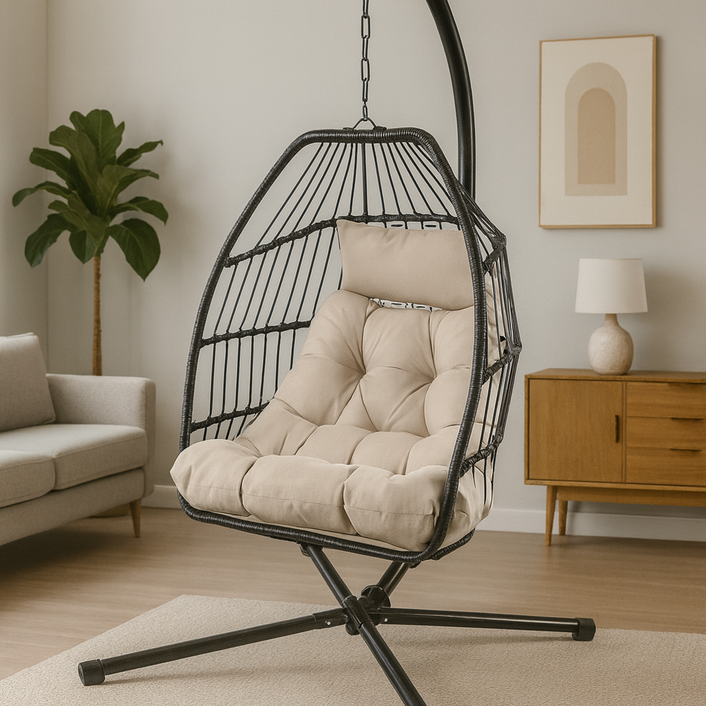 Foldable Rattan Egg Chair – Steel Frame & Hanging Stand