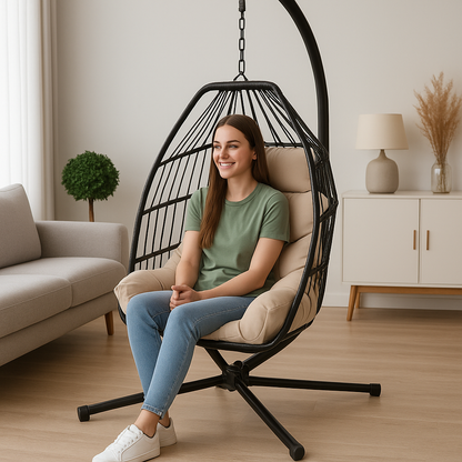Foldable Rattan Egg Chair – Steel Frame & Hanging Stand