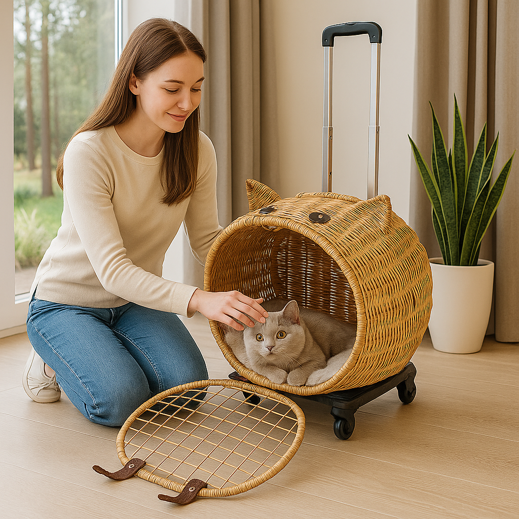 Wicker Cat Carrier Trolley – Wheels & Extendable Handle