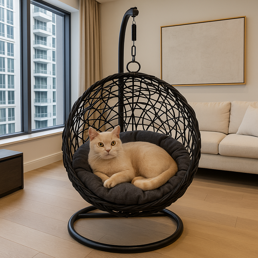 Cat sitting in a black woven chair with a gray cushion in a modern living room.