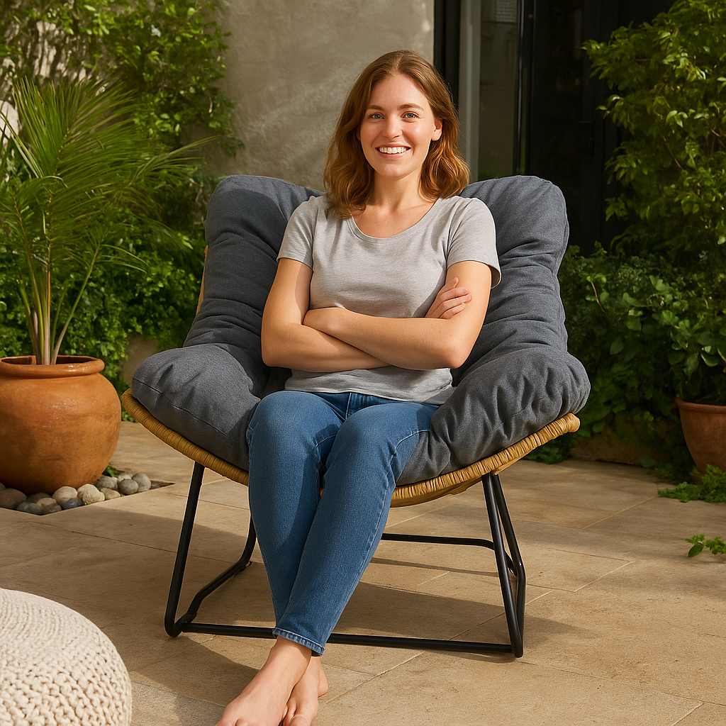 Woman sitting on a gray cushioned chair outdoors with plants in the background