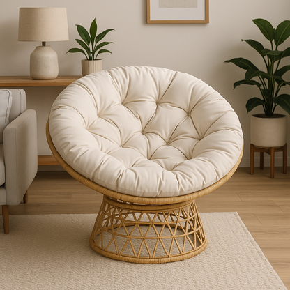 Rotating Papasan Chair with Cushion – PE Rattan & Steel Frame