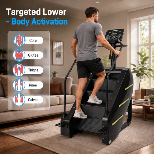 Man training on a black stepmill stair climber in a living room, with core, glutes, thighs and calves highlighted