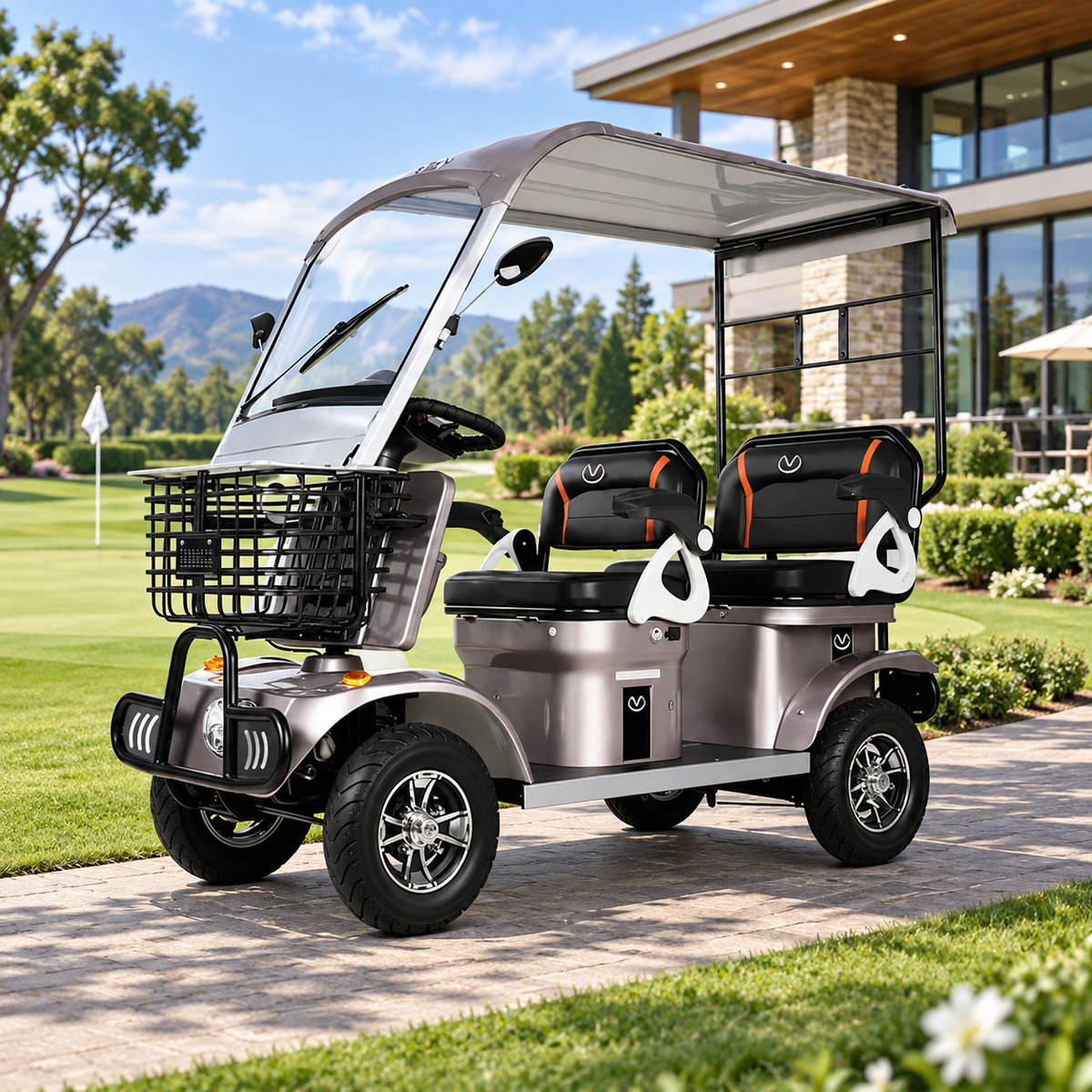 Coffee-coloured two-seat electric mobility aid with canopy, windscreen and front basket on a paved garden path