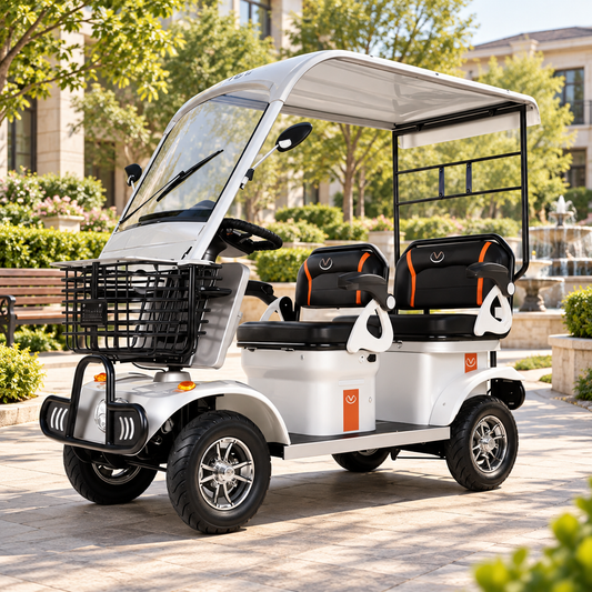 White two-seat electric mobility aid with canopy, windscreen, mirrors and front basket beside a garden fountain