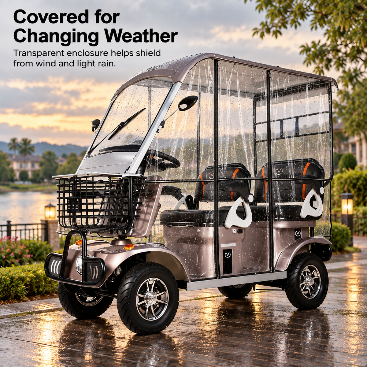 Coffee-coloured electric mobility aid fitted with the optional clear rain deflector enclosure on a wet path