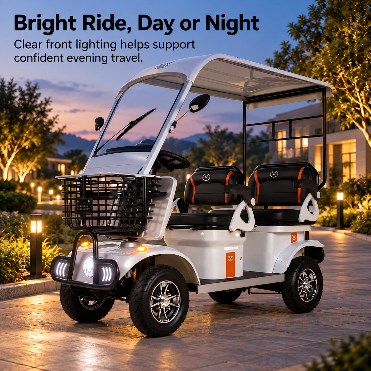 White electric mobility aid at dusk with its round headlight, bumper light strips and amber indicators switched on